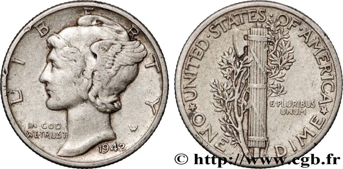 VEREINIGTE STAATEN VON AMERIKA 1 Dime Mercury 1942 Philadelphie SS 