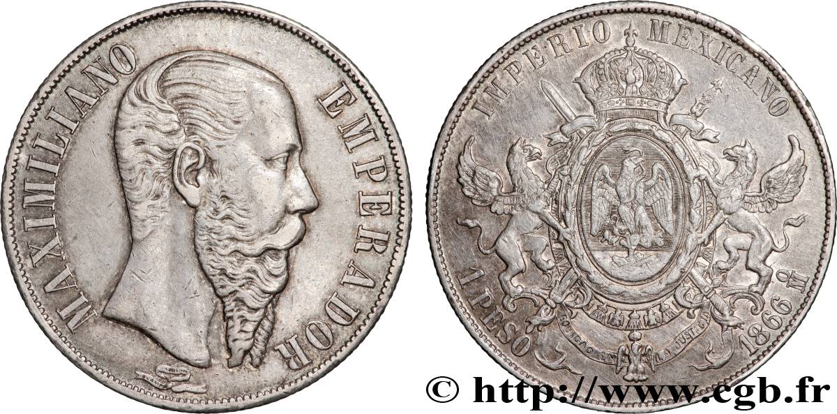 MEXIQUE - MAXIMILIEN Ier 1 Peso  1866 Mexico BB/q.SPL 