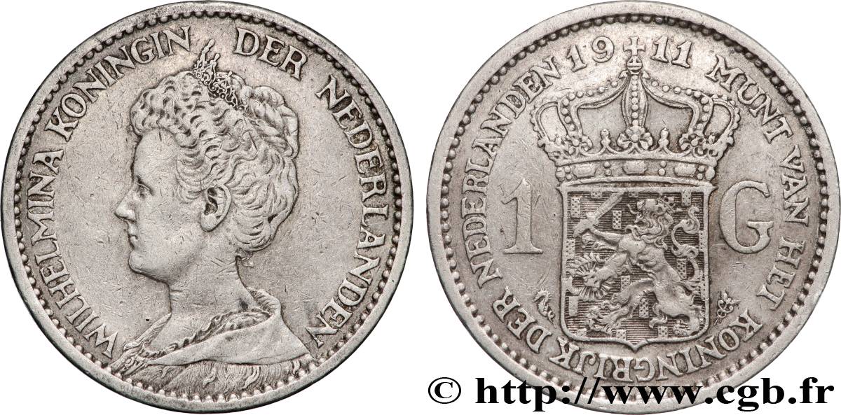 NETHERLANDS 1 Gulden Wilhelmina 1911  AU 