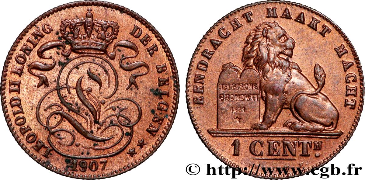BELGIQUE 1 Centime lion monogramme de Léopold II légende en flamand 1907  SPL 