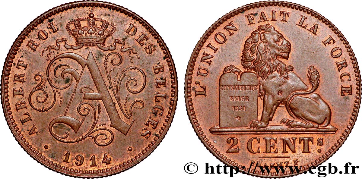BELGIQUE 2 Centimes monogramme d’Albert Ier légende française 1914  SPL 