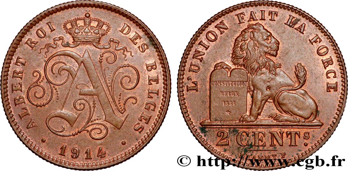 BELGIQUE 2 Centimes monogramme d’Albert Ier légende française 1914  SPL 