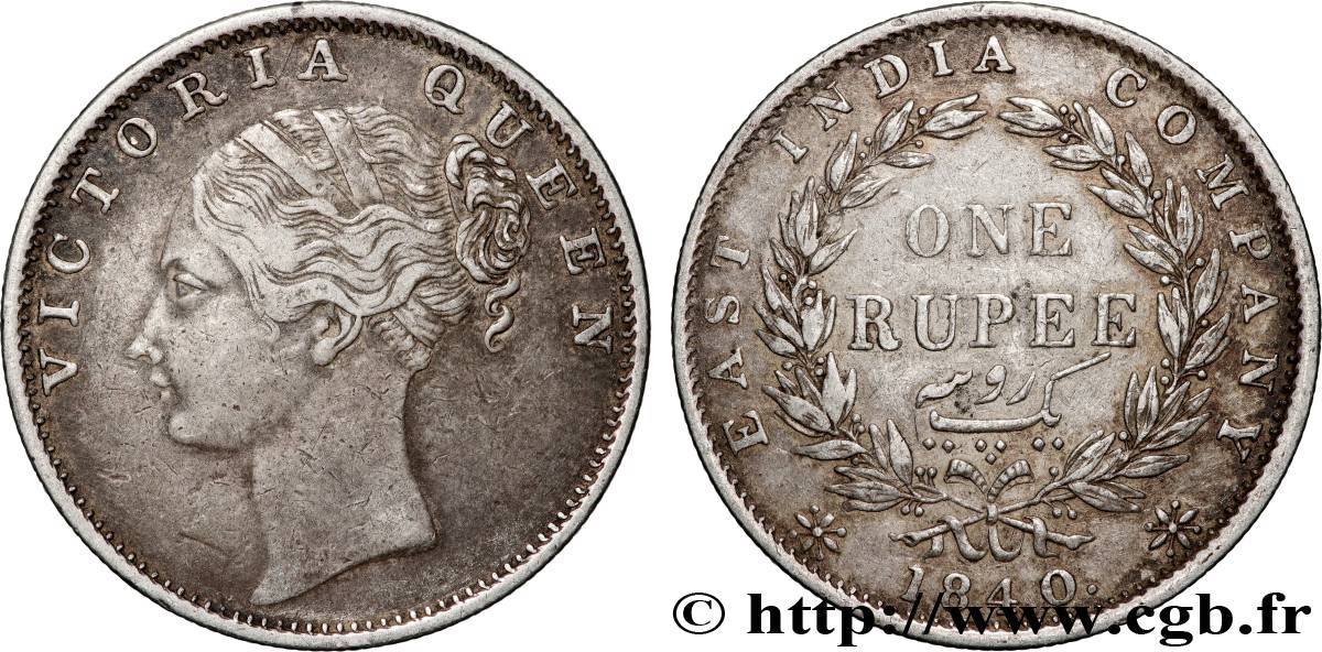 INDES BRITANNIQUES 1 Roupie East India Company Victoria 1840 Bombay TTB 