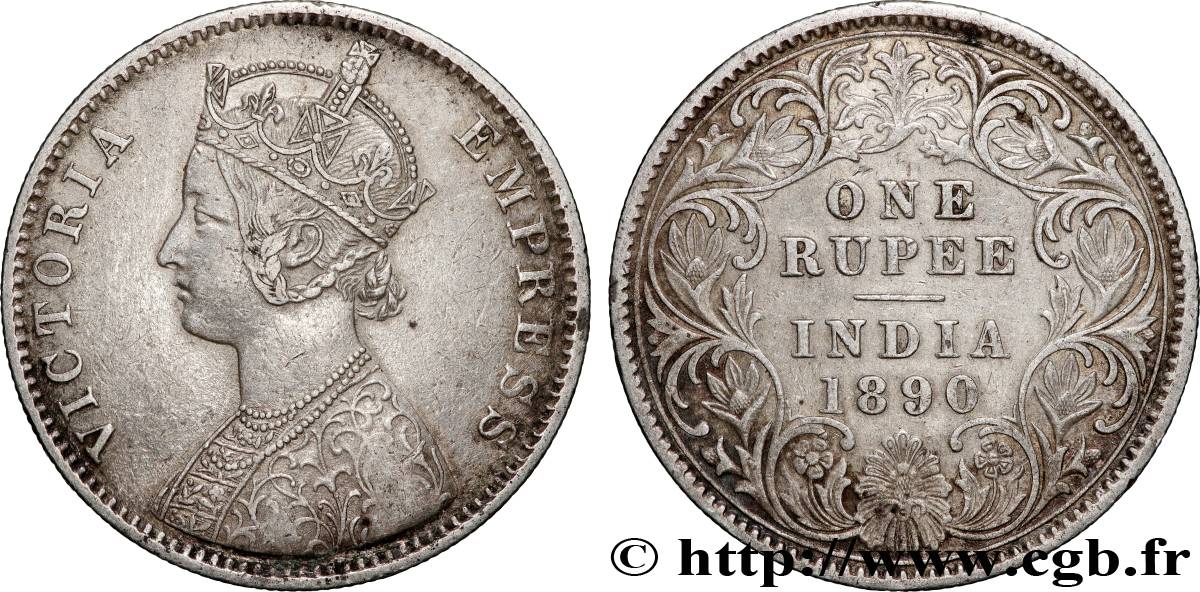 INDES BRITANNIQUES 1 Roupie Victoria 1890  Bombay TTB 