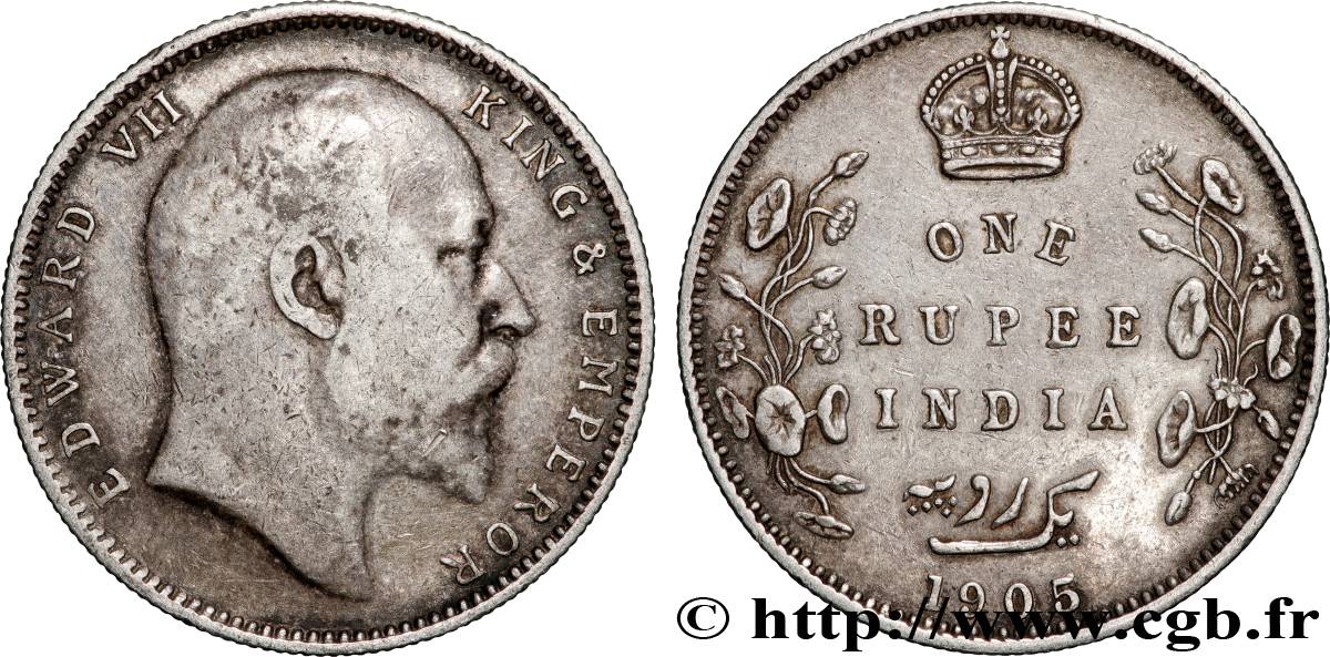 INDES BRITANNIQUES 1 Rupee (Roupie) Edouard VII 1905 Calcutta TB+/TTB 