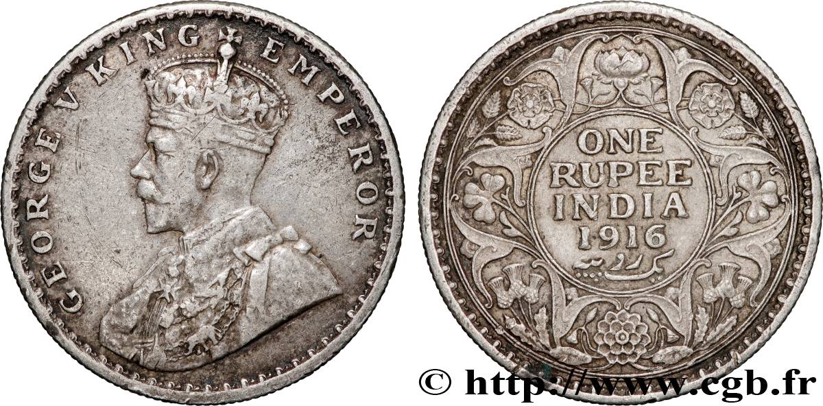 INDES BRITANNIQUES 1 Rupee (Roupie) Georges V 1916 Calcutta TB+ 