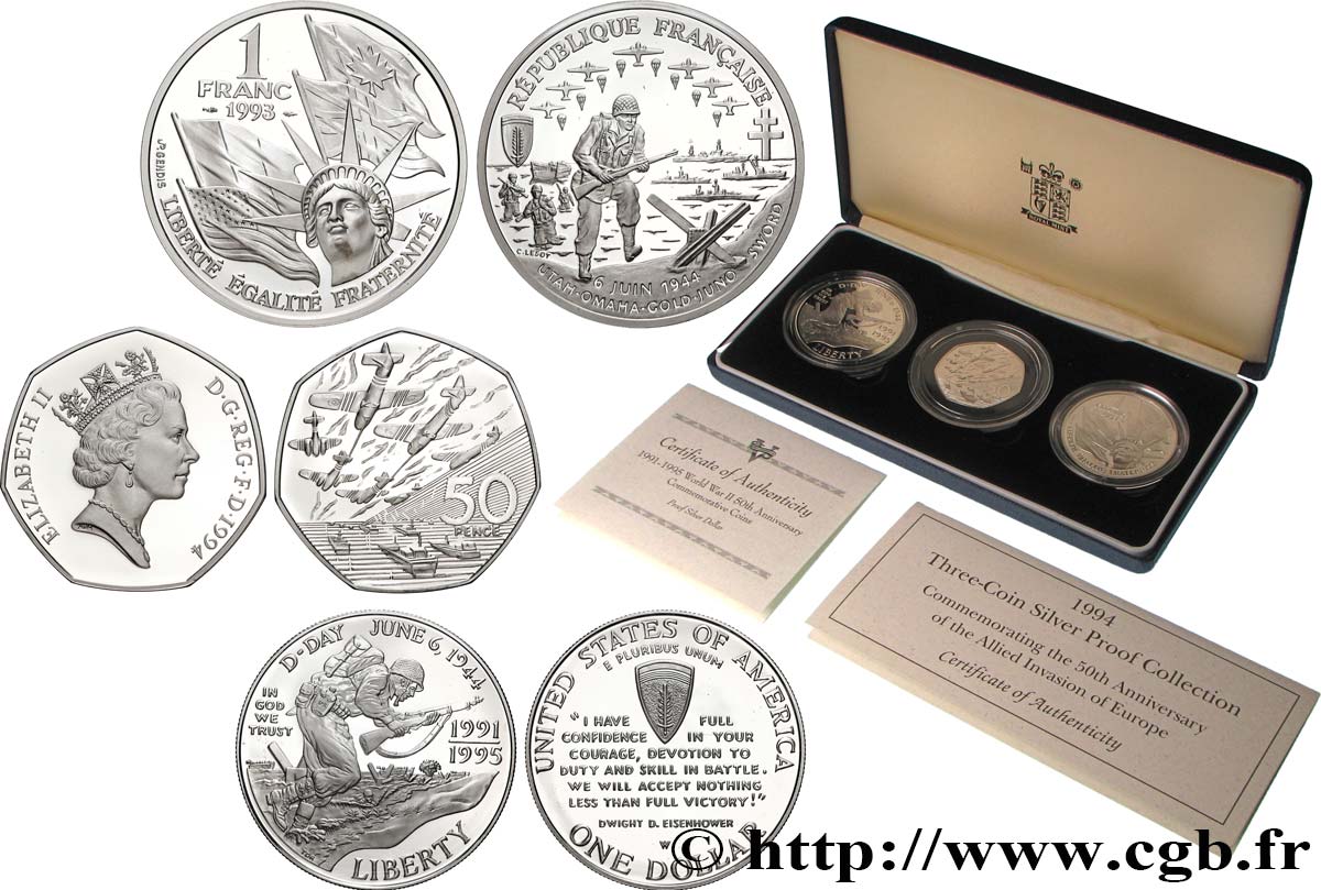 WORLD COINS LOTS Coffret 3 Monnaies Proof 50e anniversaire du débarquement des Alliés en Europe 1993-1995  MS 