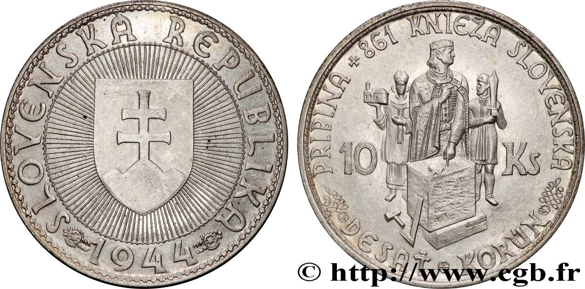 SLOVAQUIE 10 Korun Prince Pribina variété avec croix sur l’église 1944  SUP 