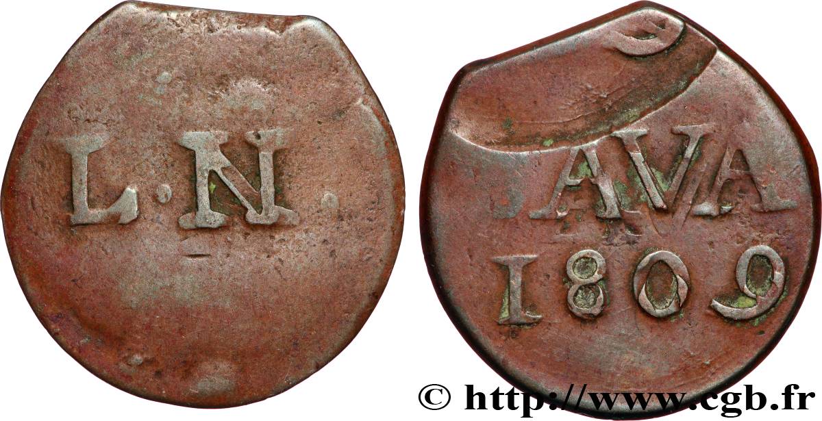 INDIE OLANDESI 1 Duit “LN” initiales de Louis Napoléon roi de Hollande et au revers “JAVA” 1809 Harderwijk BB 