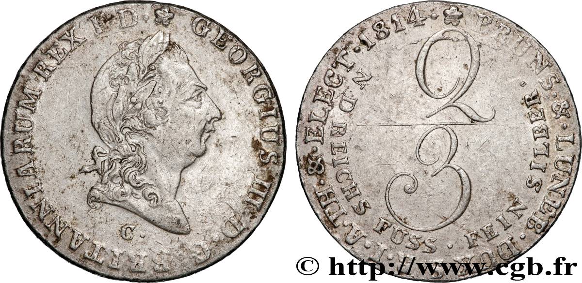 ALLEMAGNE - ROYAUME DE HANOVRE - GEORGES III D ANGLETERRE 2/3 Thaler  1814 Hanovre XF 