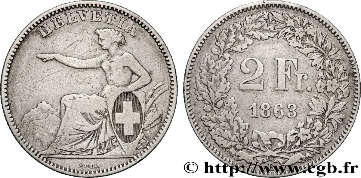 SWITZERLAND 2 Francs Helvetia 1863 Berne VF 