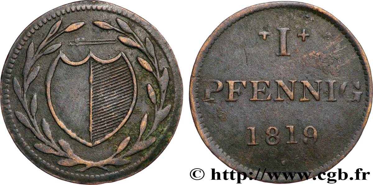 ALLEMAGNE - VILLE LIBRE DE FRANCFORT 1 Pfennig Francfort monnaie de nécessité 1819  TTB 
