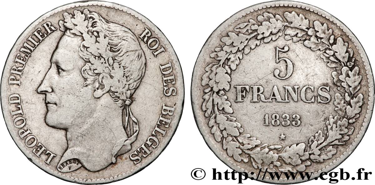 BELGIQUE 5 Francs Léopold Ier 1833  TB+ 