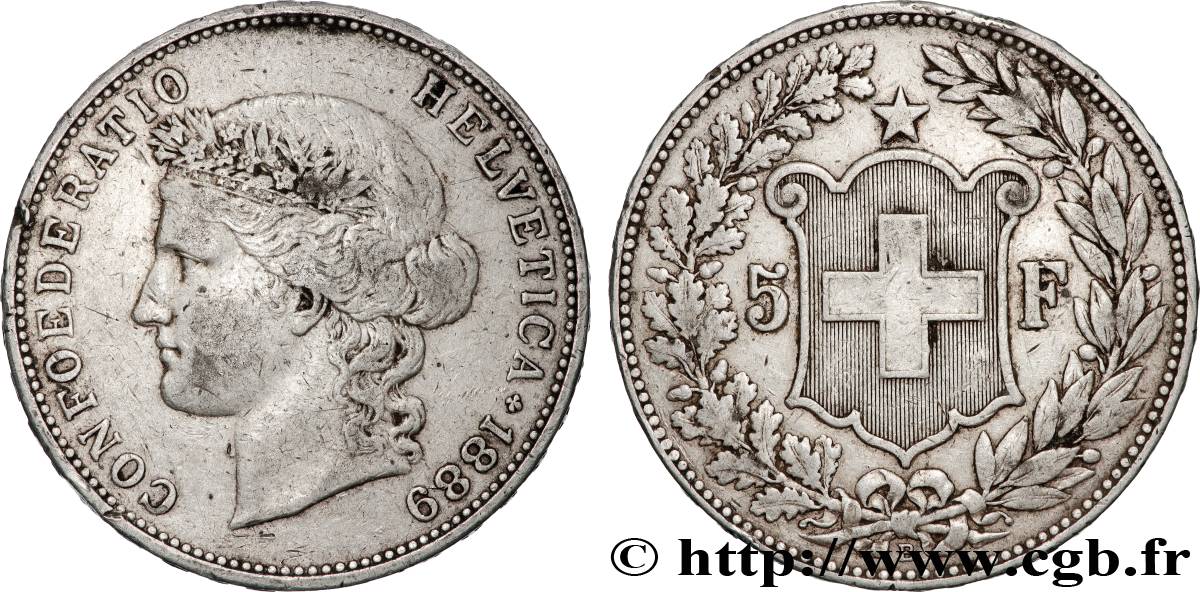 SUISSE 5 Francs Helvetia 1889 Berne TB+ 