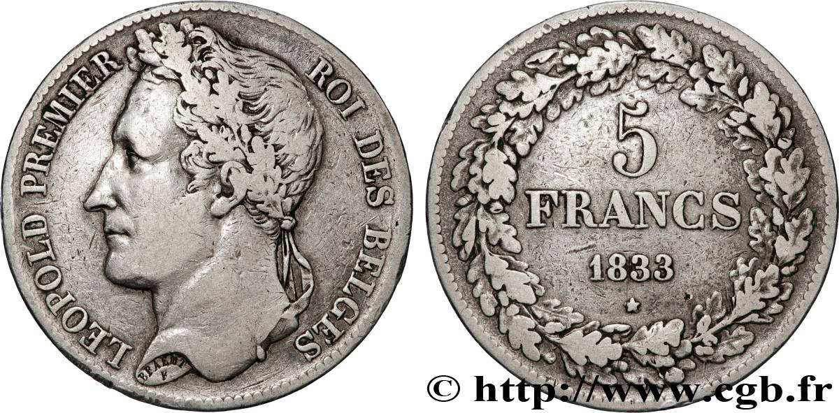 BELGIUM 5 Francs Léopold Ier 1833  VF 
