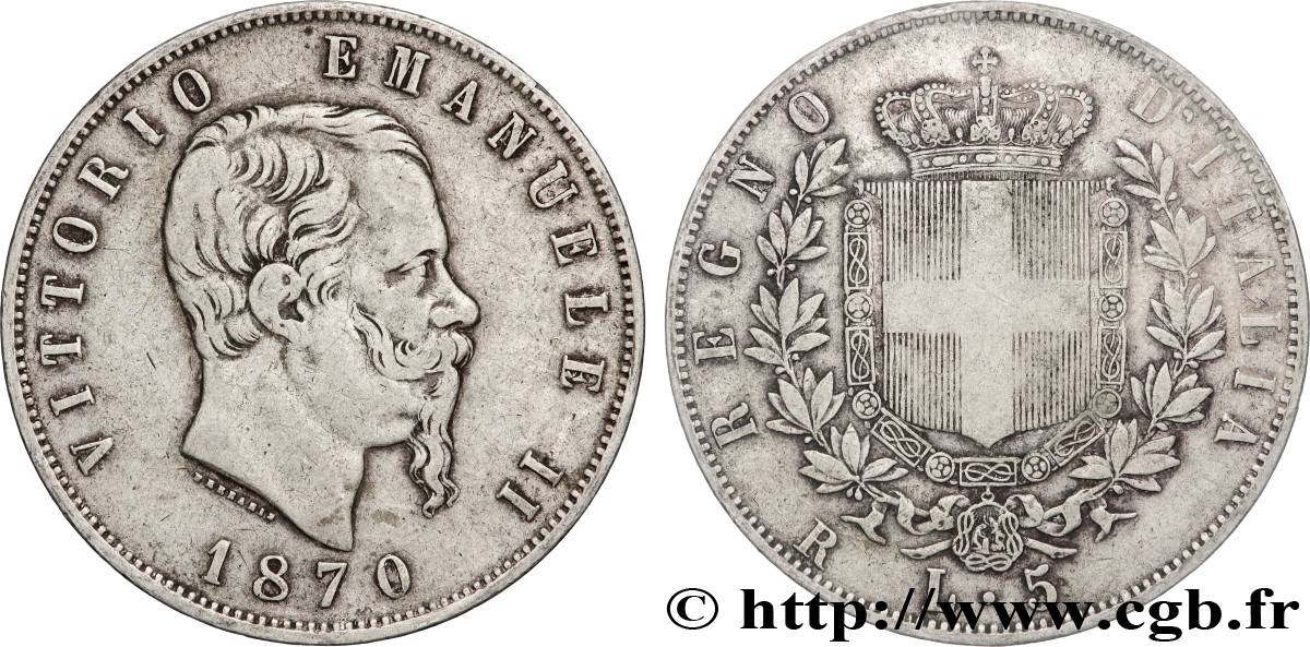 ITALIE - ROYAUME D ITALIE - VICTOR-EMMANUEL II 5 Lire  1870 Rome TTB 