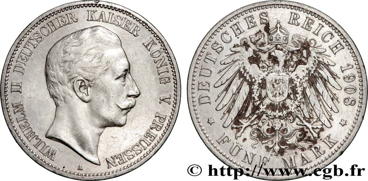 GERMANY - PRUSSIA 5 Mark Guillaume II 1908 Berlin XF 
