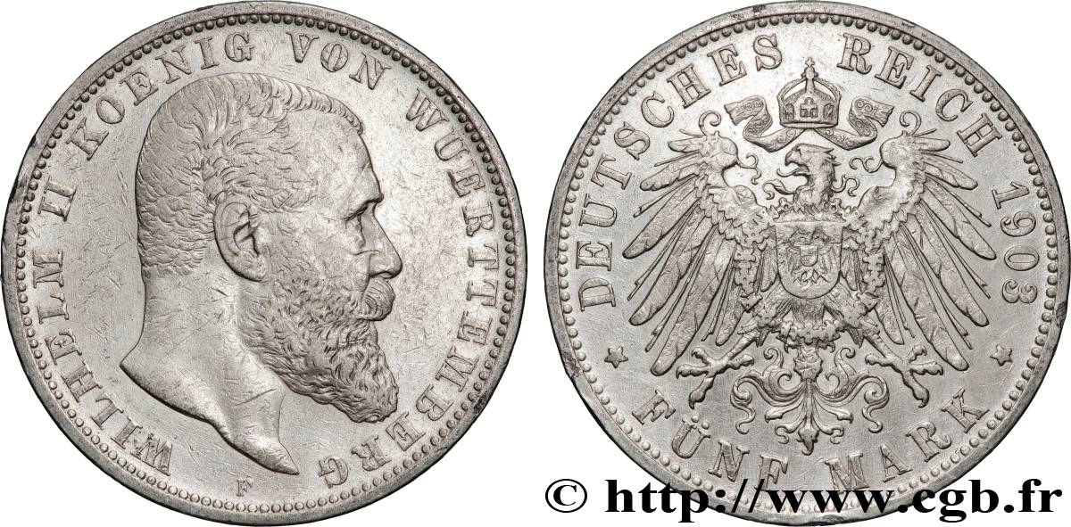 ALLEMAGNE - ROYAUME DE WURTTEMBERG - GUILLAUME II 5 Mark  1903 Stuttgart SS 