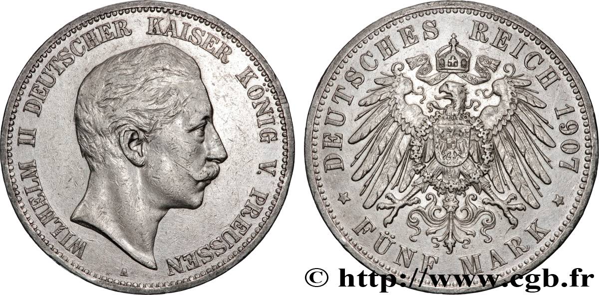 GERMANY - KINGDOM OF PRUSSIA - WILLIAM II 5 Mark  1907 Berlin XF 