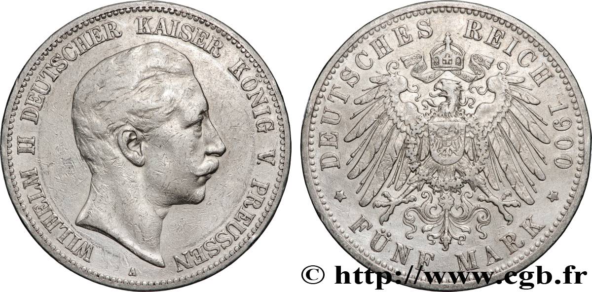 GERMANY - KINGDOM OF PRUSSIA - WILLIAM II 5 Mark  1900 Berlin XF 