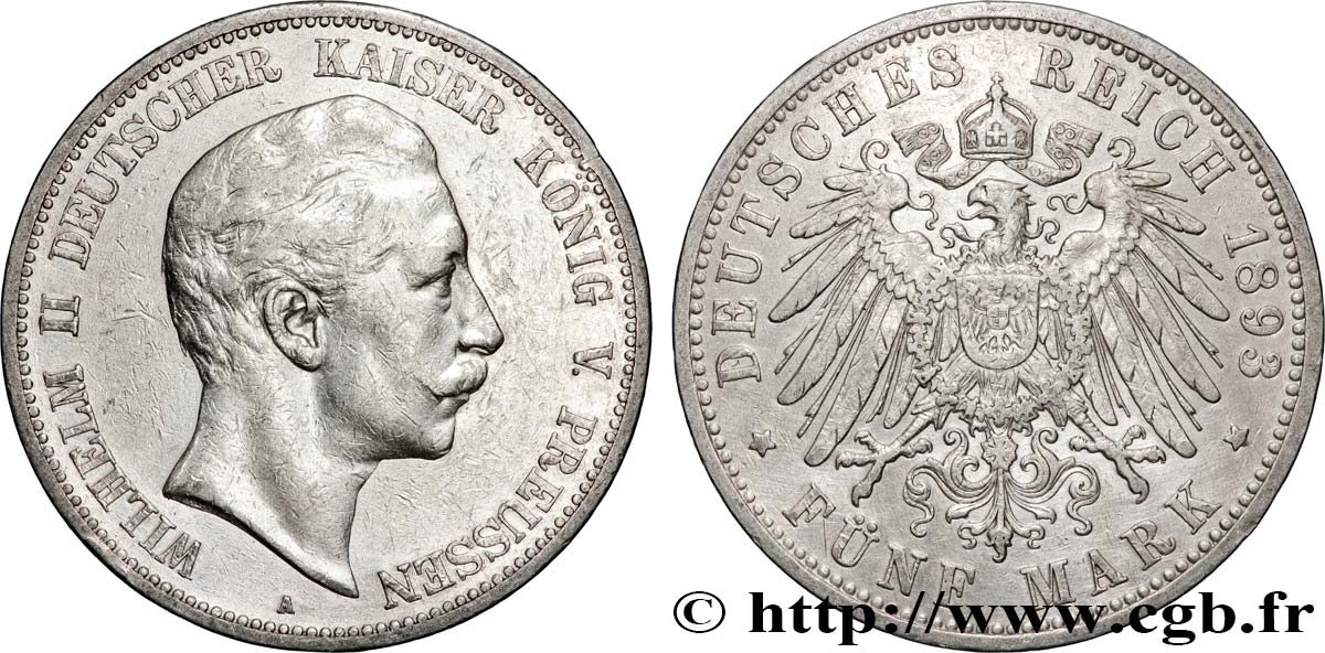 GERMANY - PRUSSIA 5 Mark Guillaume II 1893 Berlin XF 