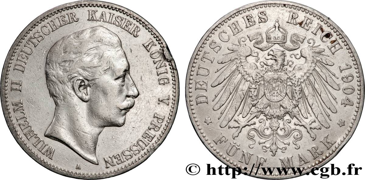 GERMANY - KINGDOM OF PRUSSIA - WILLIAM II 5 Mark  1904 Berlin XF 
