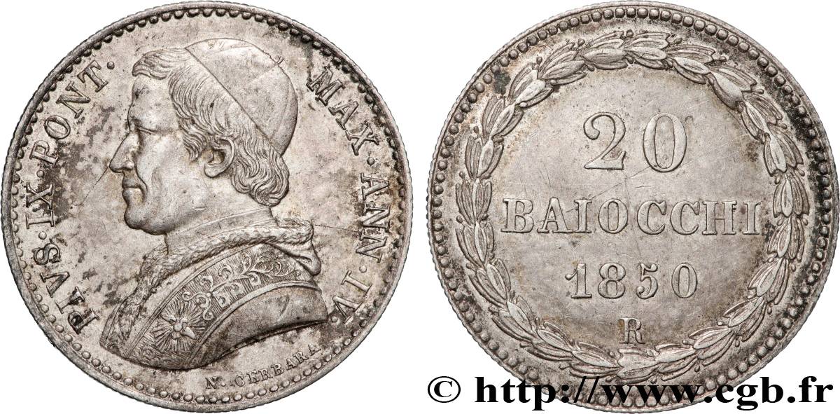 ITALY - PAPAL STATES - PIUS IX (Giovanni Maria Mastai Ferretti) 20 Baiocchi an V 1850 Rome AU 