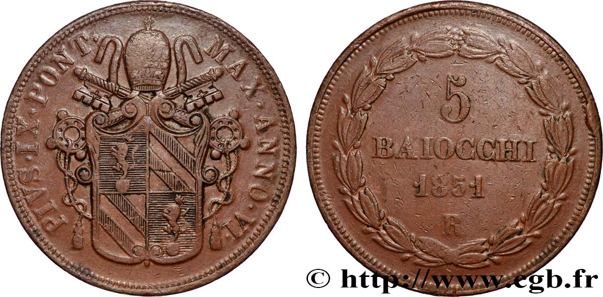 ITALY - PAPAL STATES - PIUS IX (Giovanni Maria Mastai Ferretti) 5 Baiocchi an VI 1851 Rome XF 