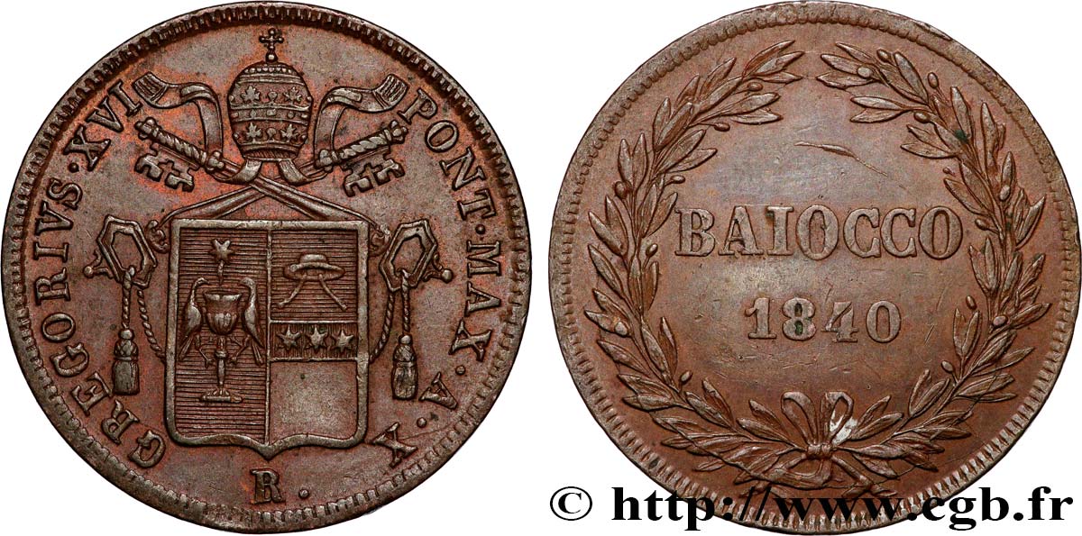 ITALY - PAPAL STATES - GREGORY XVI (Bartolomeo Alberto Cappellari) 1 Baiocco an X 1840 Rome AU 