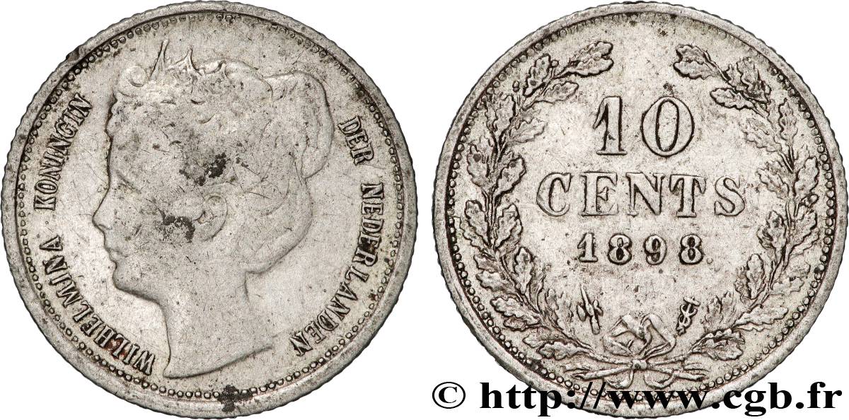NETHERLANDS 10 Cents Reine Wilhelmine 1898 Utrecht VF 