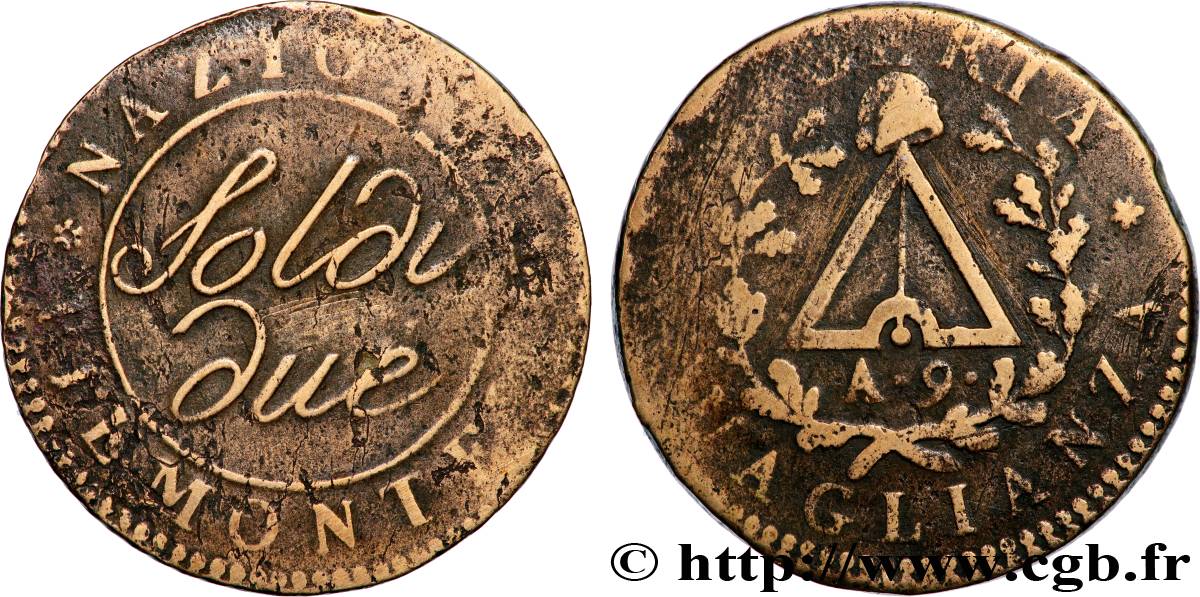 ITALIE - RÉPUBLIQUE SUBALPINE 2 Soldi Piémont an 9 1801 Turin TTB 