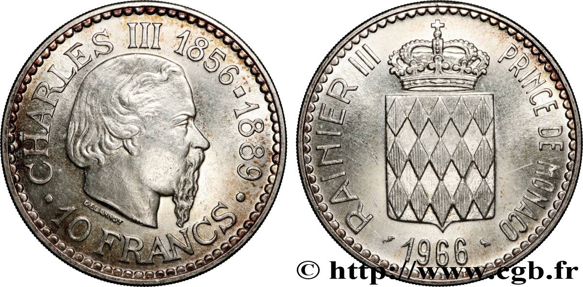 MONACO 10 Francs Charles III 1966 Paris AU 