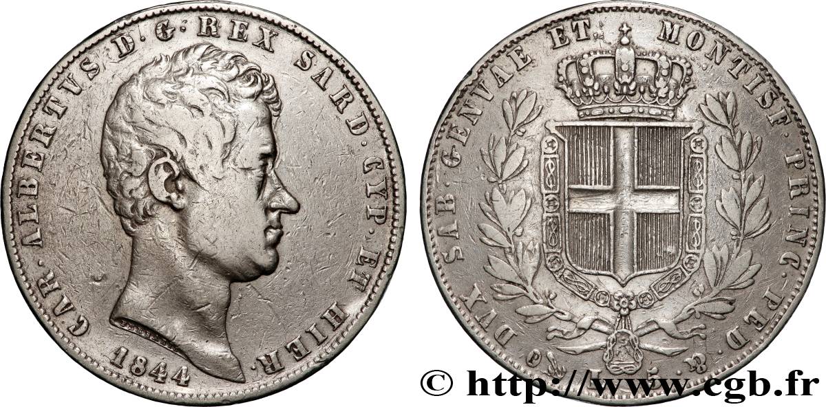 ITALY - KINGDOM OF SARDINIA 5 Lire Charles Albert 1844 Gênes VF 