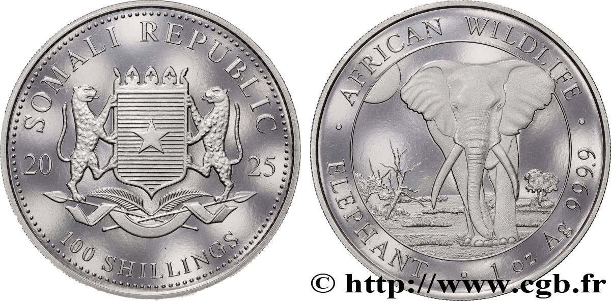 ARGENT D INVESTISSEMENT 1 Oz - 100 Shillings Éléphant 2025  FDC 