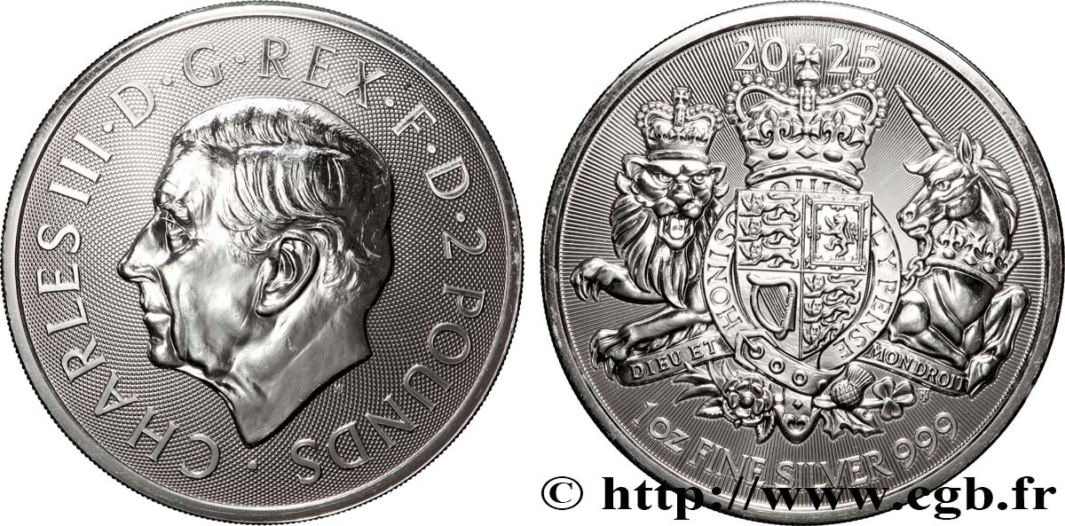 SILVER INVESTMENT 1 Oz - 2 Pounds Armes royales 2025  MS 