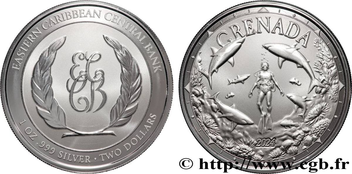 ARGENT D INVESTISSEMENT 1 Oz - 2 Dollars Plongeur et requins 2024  FDC 