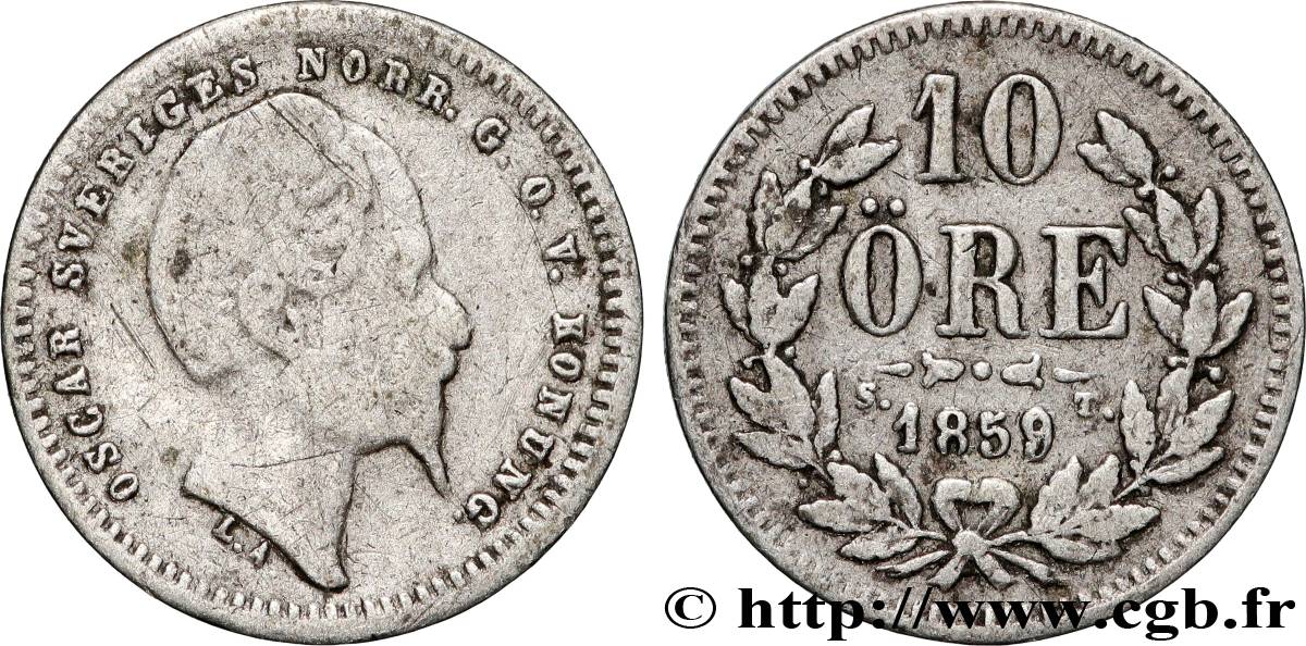 SUÈDE 10 Ore Oscar Ier 1859  TB 