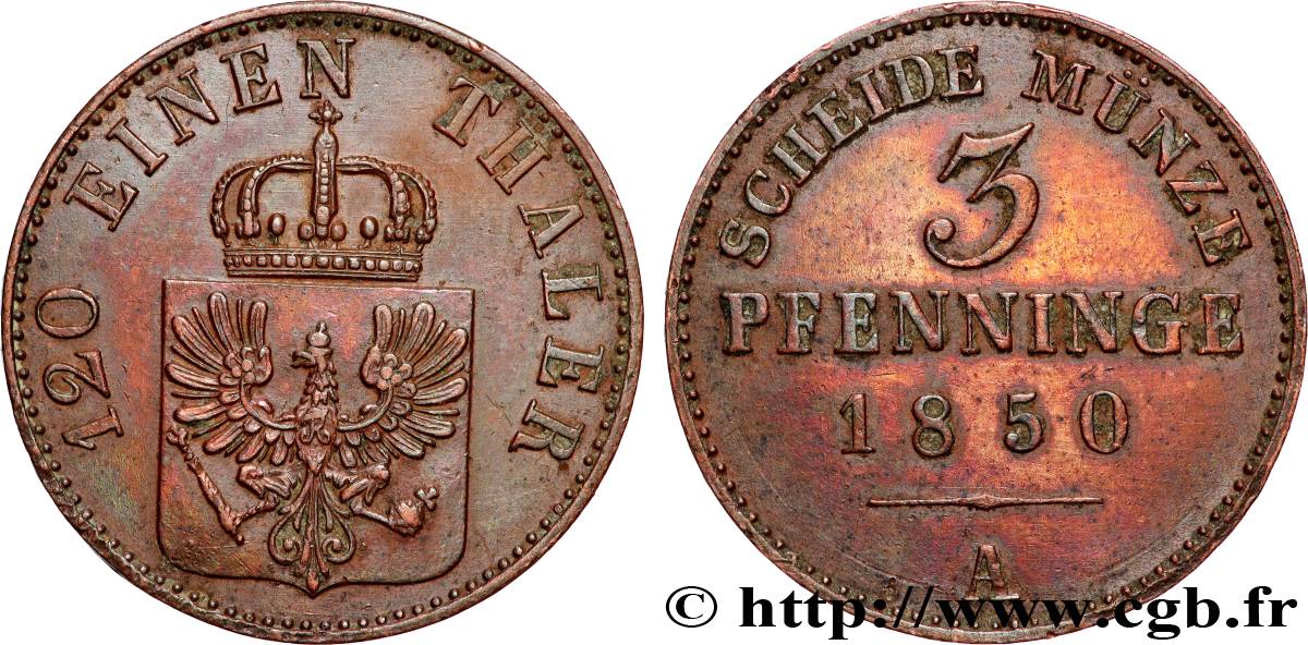 ALLEMAGNE - PRUSSE 3 Pfenninge 1850 Berlin TTB+ 