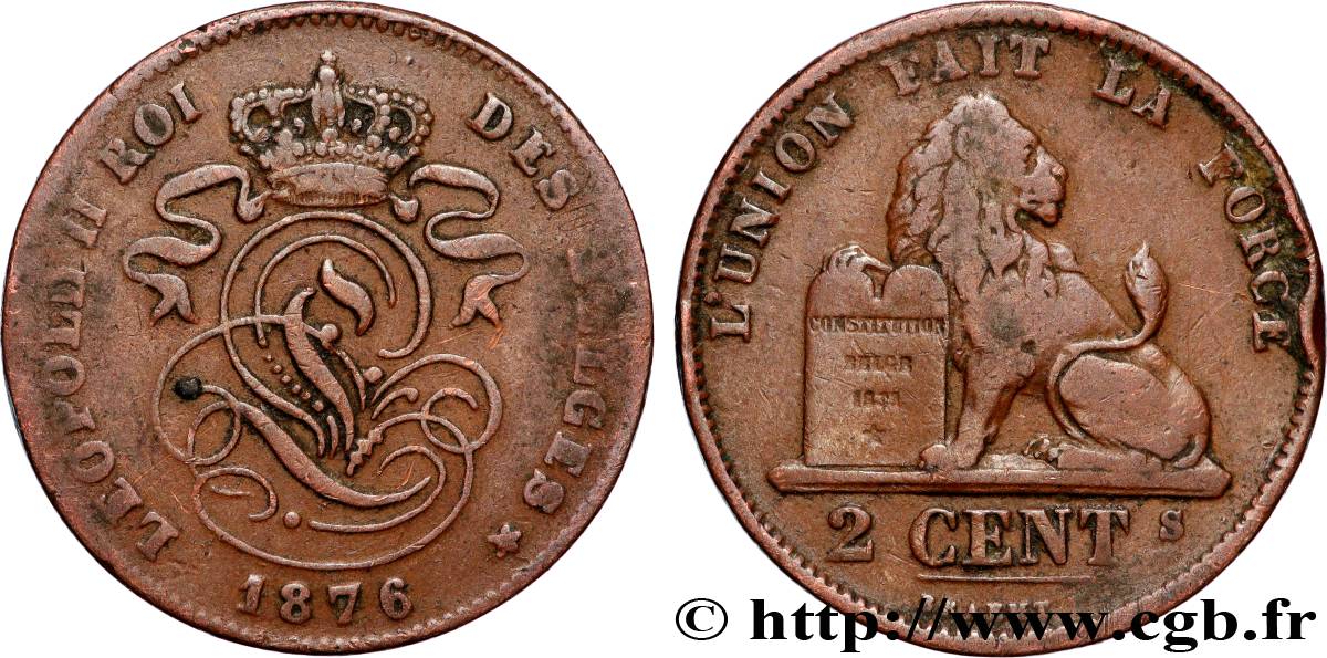 BELGIQUE 2 Centimes Léopold II 1876 Bruxelles TB+ 