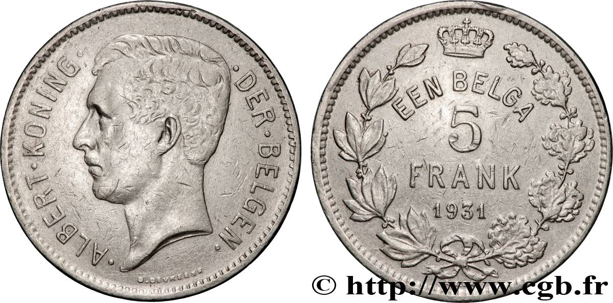 BELGIQUE 5 Frank - 1 Belga Albert Ier légende Flamande 1931 Bruxelles TTB 