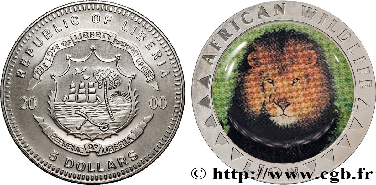 LIBERIA 5 Dollars Proof Lion 2000  MS 