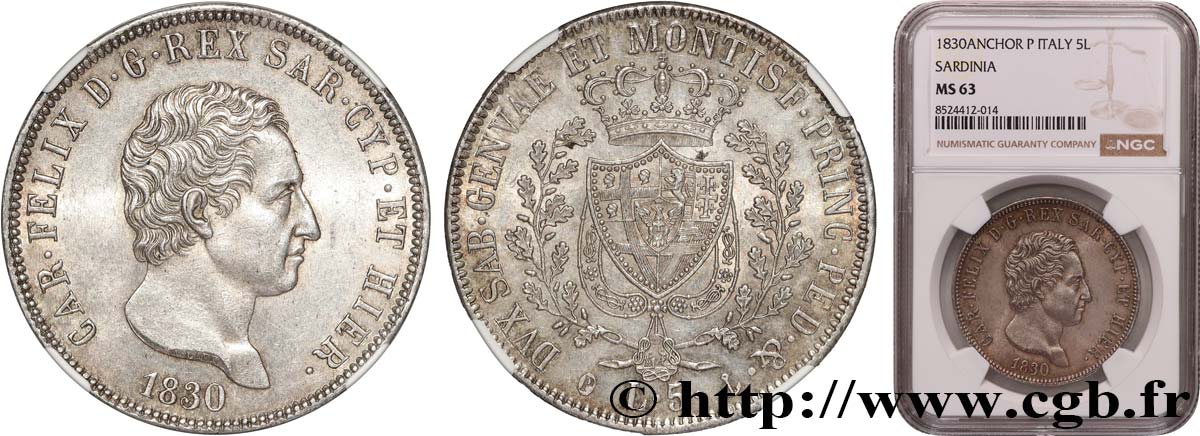 ITALIA - REGNO DE SARDINIA - CARLO FELICE 5 Lire  1830 Gênes MS63 NGC