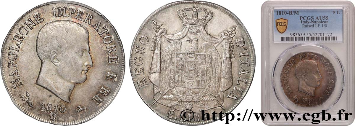 ITALY - KINGDOM OF ITALY - NAPOLEON I 5 Lire 1810 Bologne AU55 PCGS
