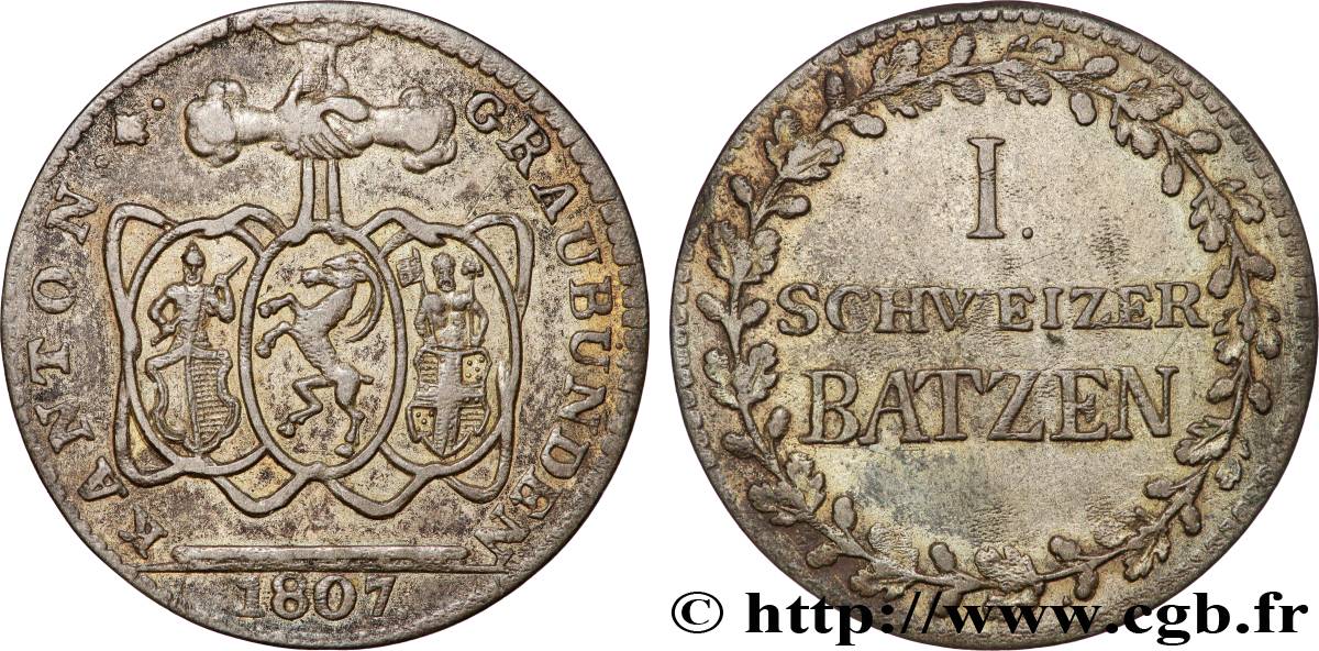 SUISSE - CONFÉDÉRATION HELVÉTIQUE - CANTON DES GRISONS 1 Batzen 1807  TTB+ 