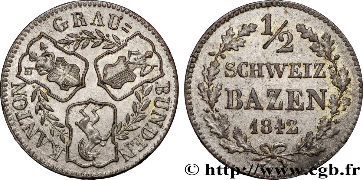 SUISSE - CONFÉDÉRATION HELVÉTIQUE - CANTON DES GRISONS 1/2 Batzen 1842  SUP/TTB+ 
