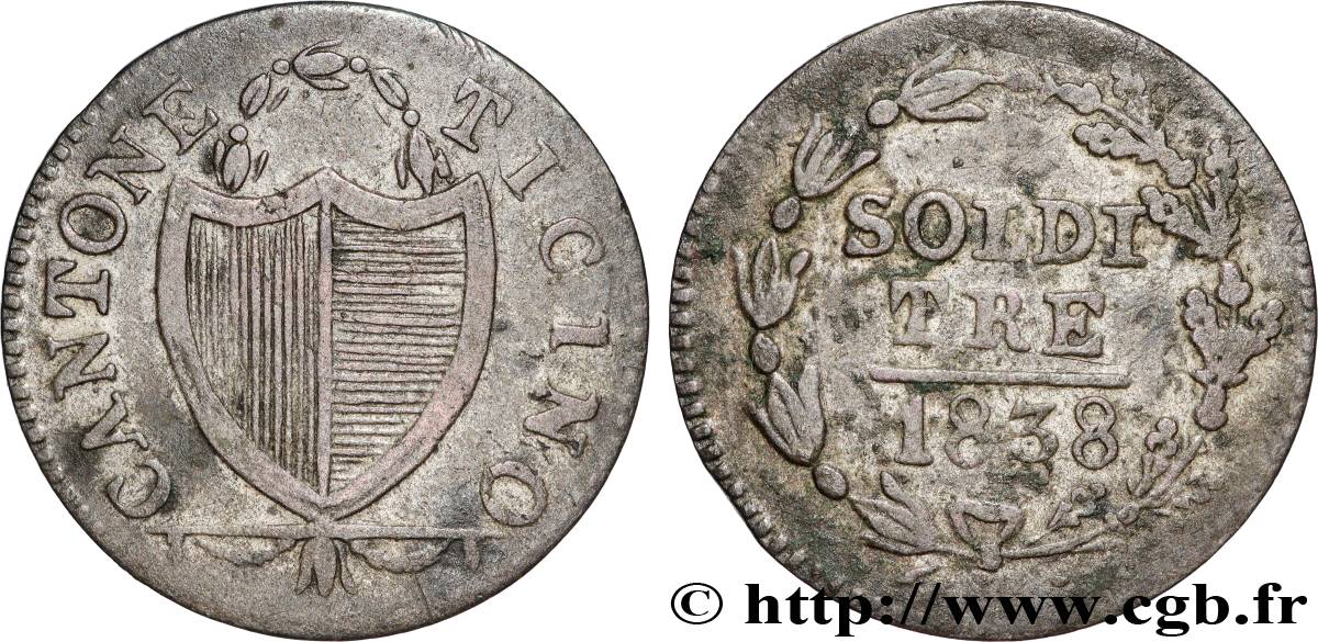 SUISSE - CANTON DU TESSIN 3 Soldi 1838  TTB 