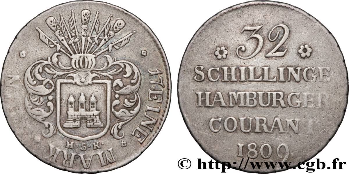 ALLEMAGNE - TERRITOIRE DE HAMBOURG  32 schillings, 2e type 1809 Hambourg TTB 