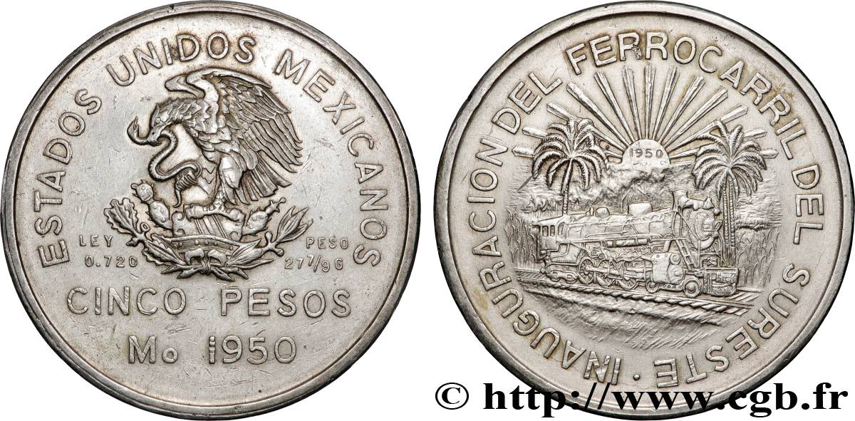 MEXIQUE 5 Pesos inauguration du chemin de fer du Sud-est 1950  SUP 