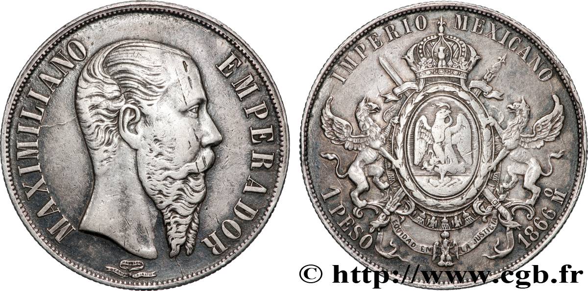MEXIQUE - MAXIMILIEN Ier 1 Peso  1866 Mexico XF 