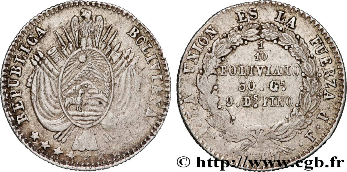 BOLIVIE 1/10 Boliviano emblème 1865 Potosi TTB 